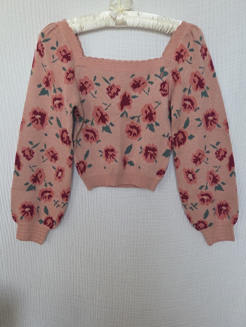 NWOT Square-Neck Floral Knit Sweater - Blush Pink